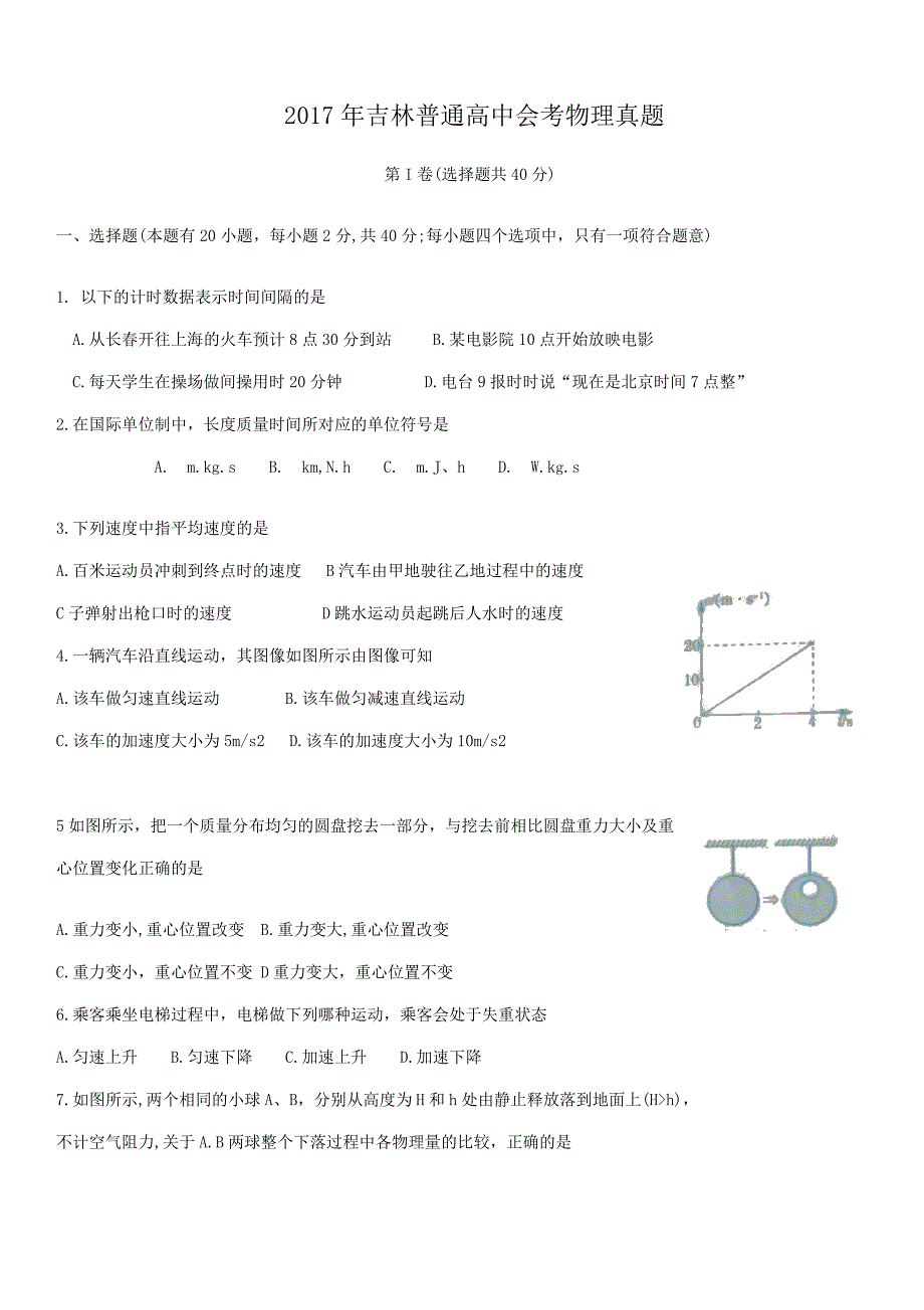 2017年吉林普通高中会考物理真题_第1页