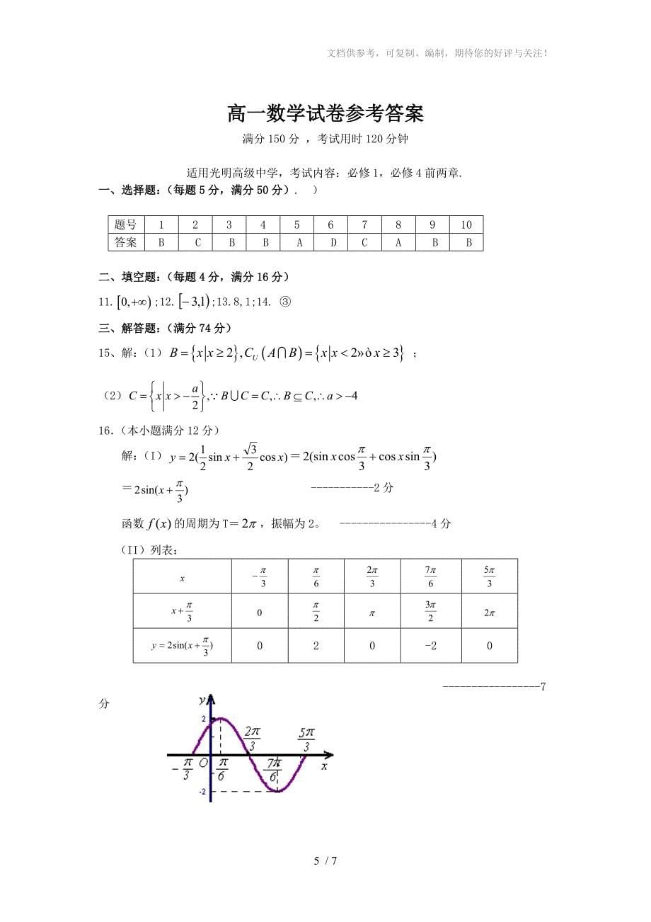 2014年高一数学必修(1、4)考试题_第5页