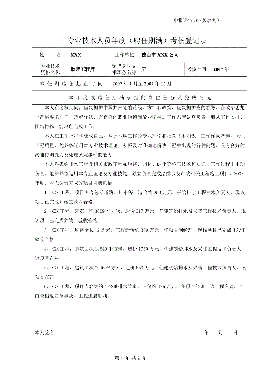 工程师评审——专业技术人员（聘任期满）考核登记表 范例_第1页