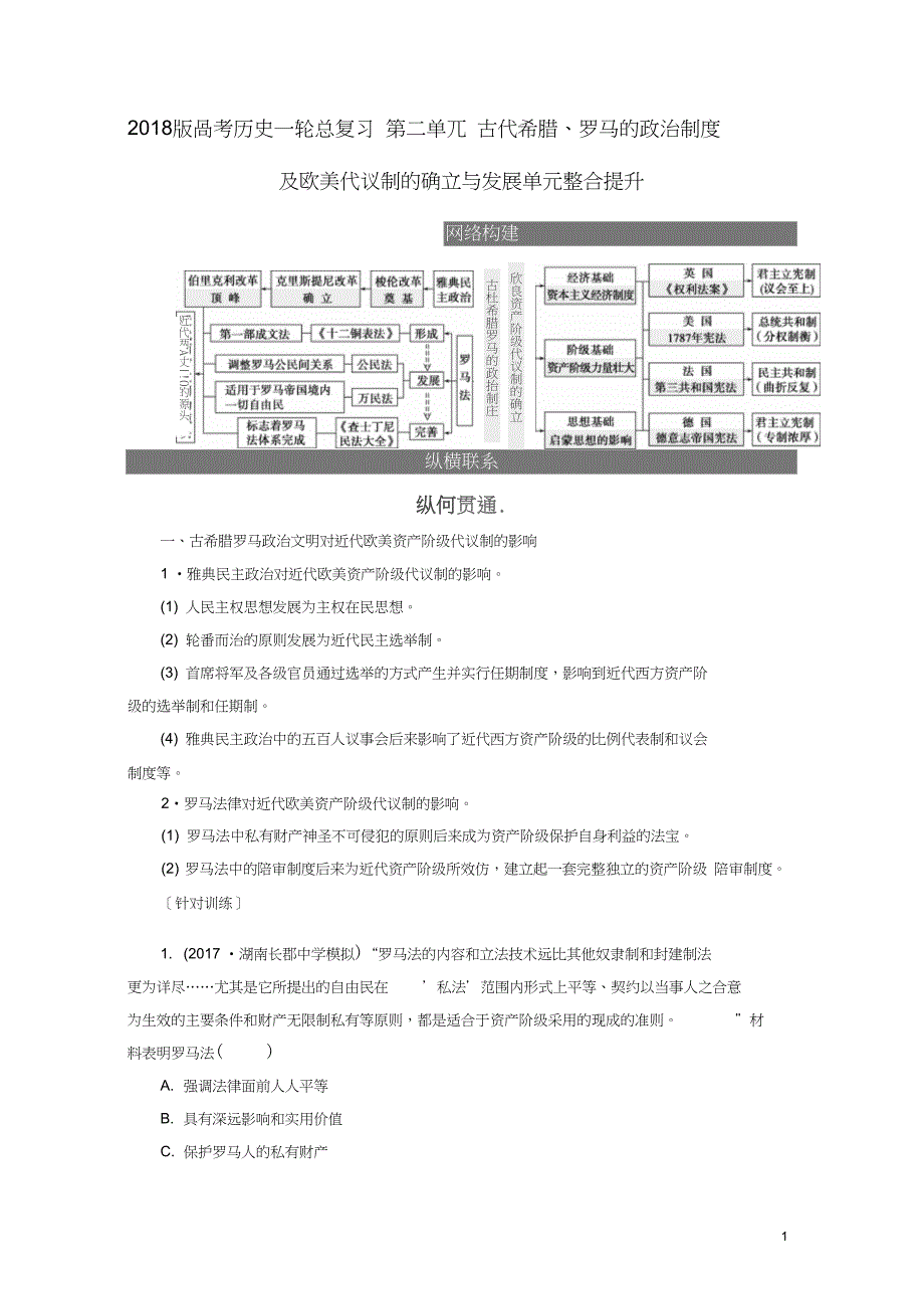 一轮总复习第二单元古代希腊罗马的政治制度及欧美代议制的确立与发展单元整合提_第1页