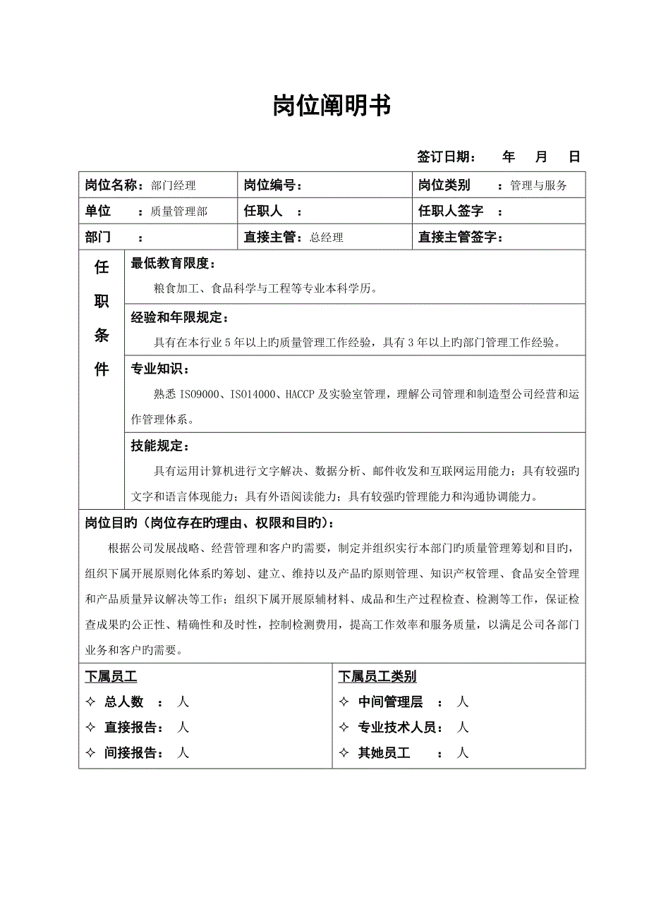 质量管理部岗位专项说明书_第1页