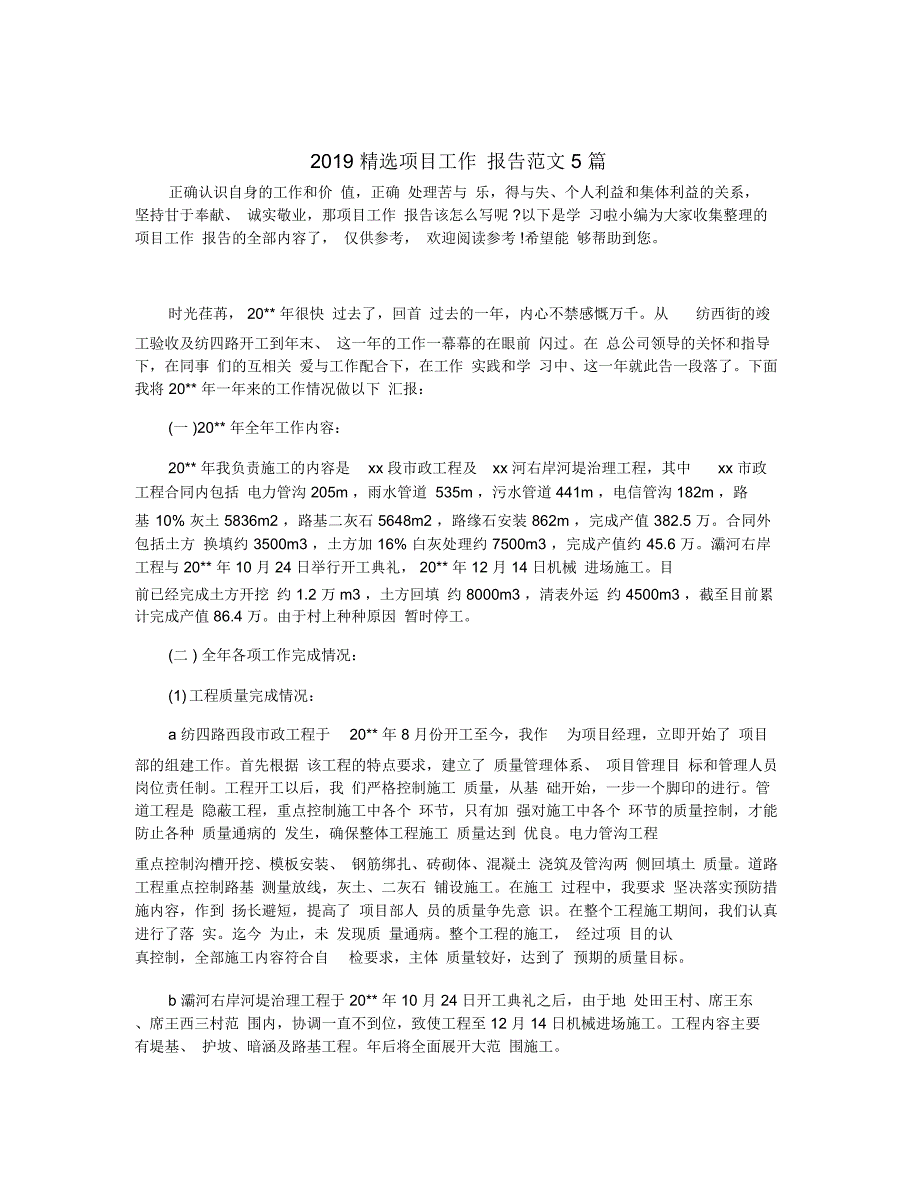 2019精选项目工作报告范文5篇_第1页