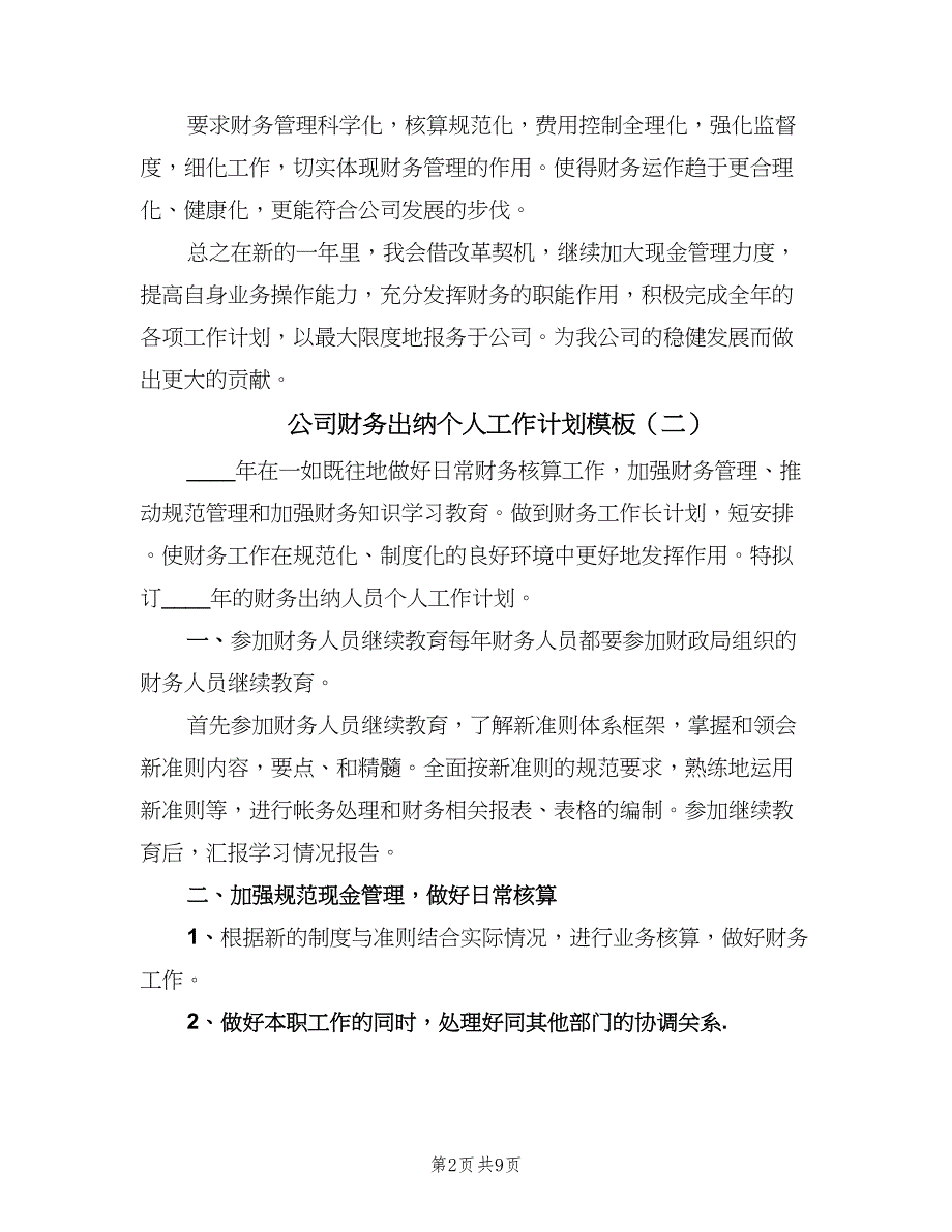 公司财务出纳个人工作计划模板（五篇）.doc_第2页