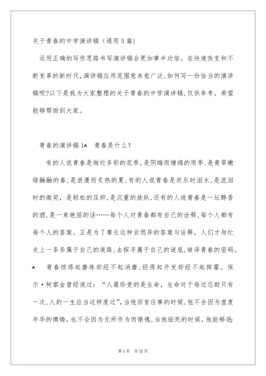 关于青春的中学演讲稿通用5篇_第1页