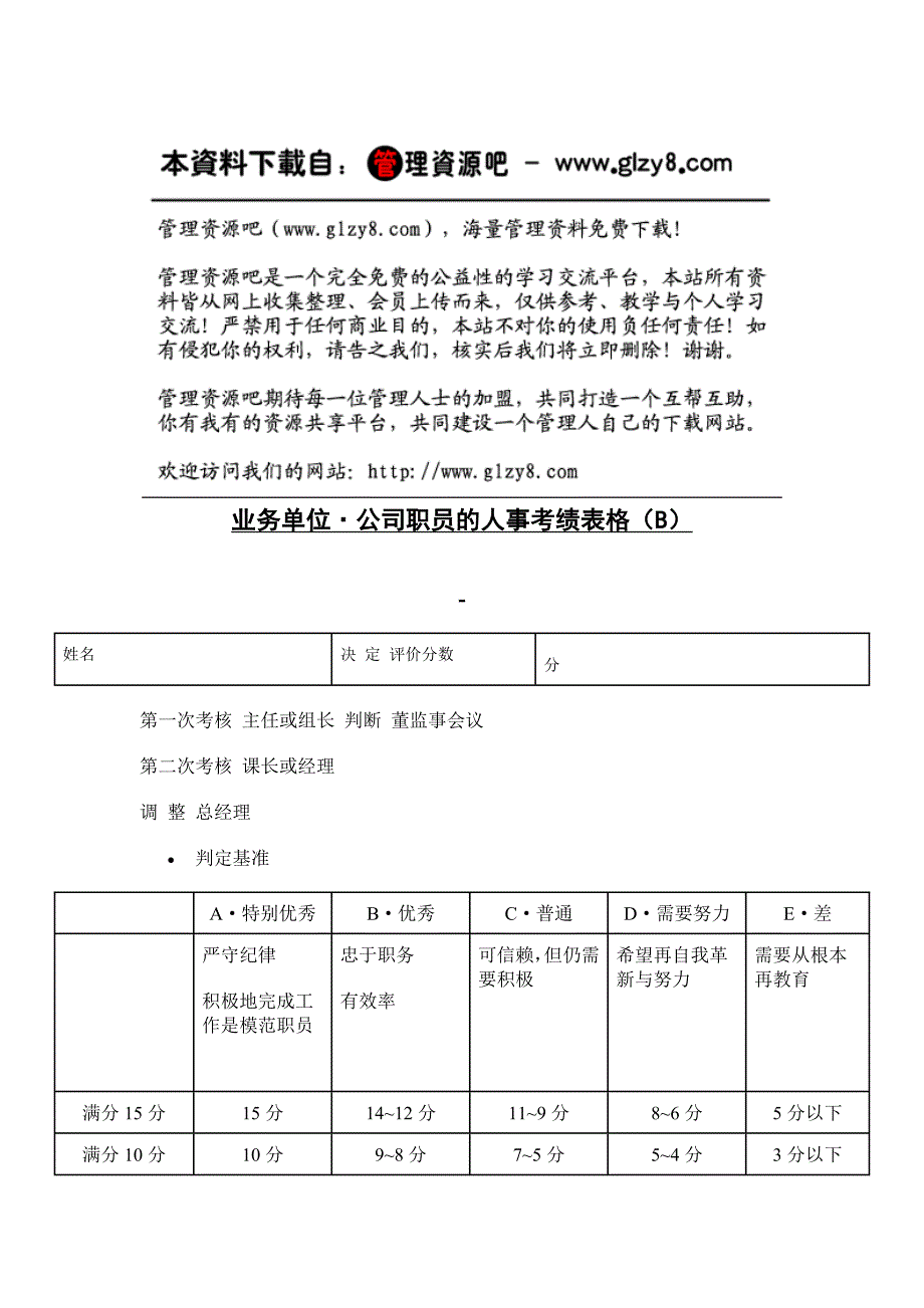 业务单位&#183;公司职员的人事考绩表格（B）_第1页