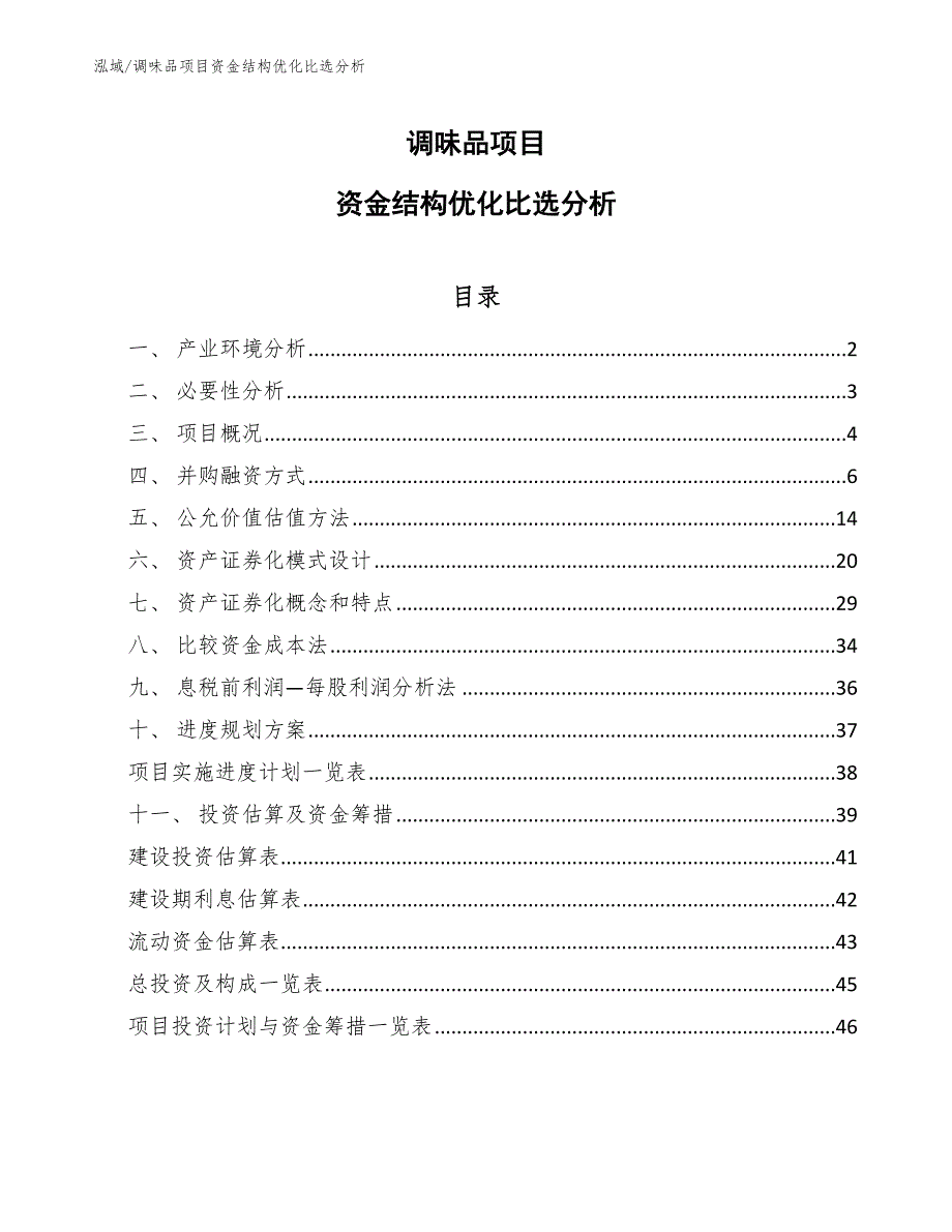 调味品项目资金结构优化比选分析（参考）_第1页