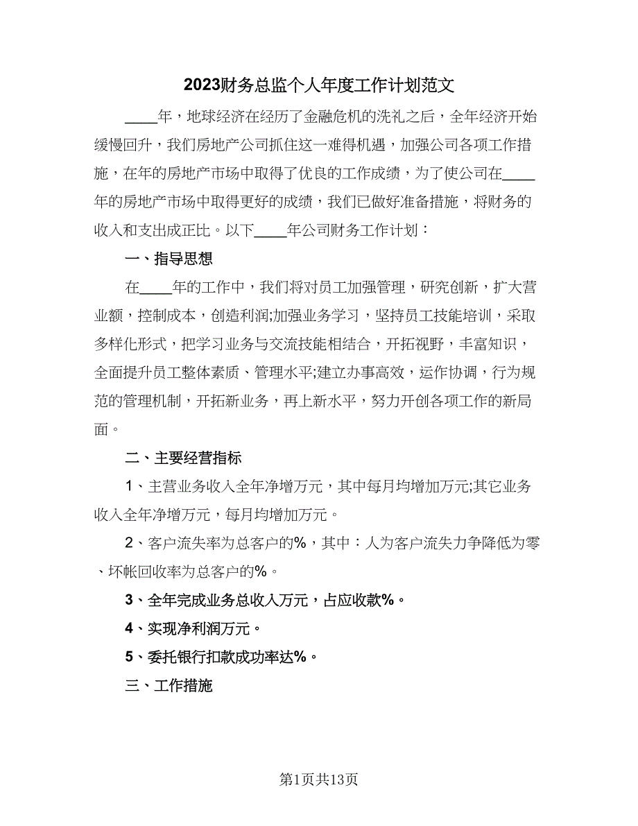 2023财务总监个人年度工作计划范文（四篇）_第1页