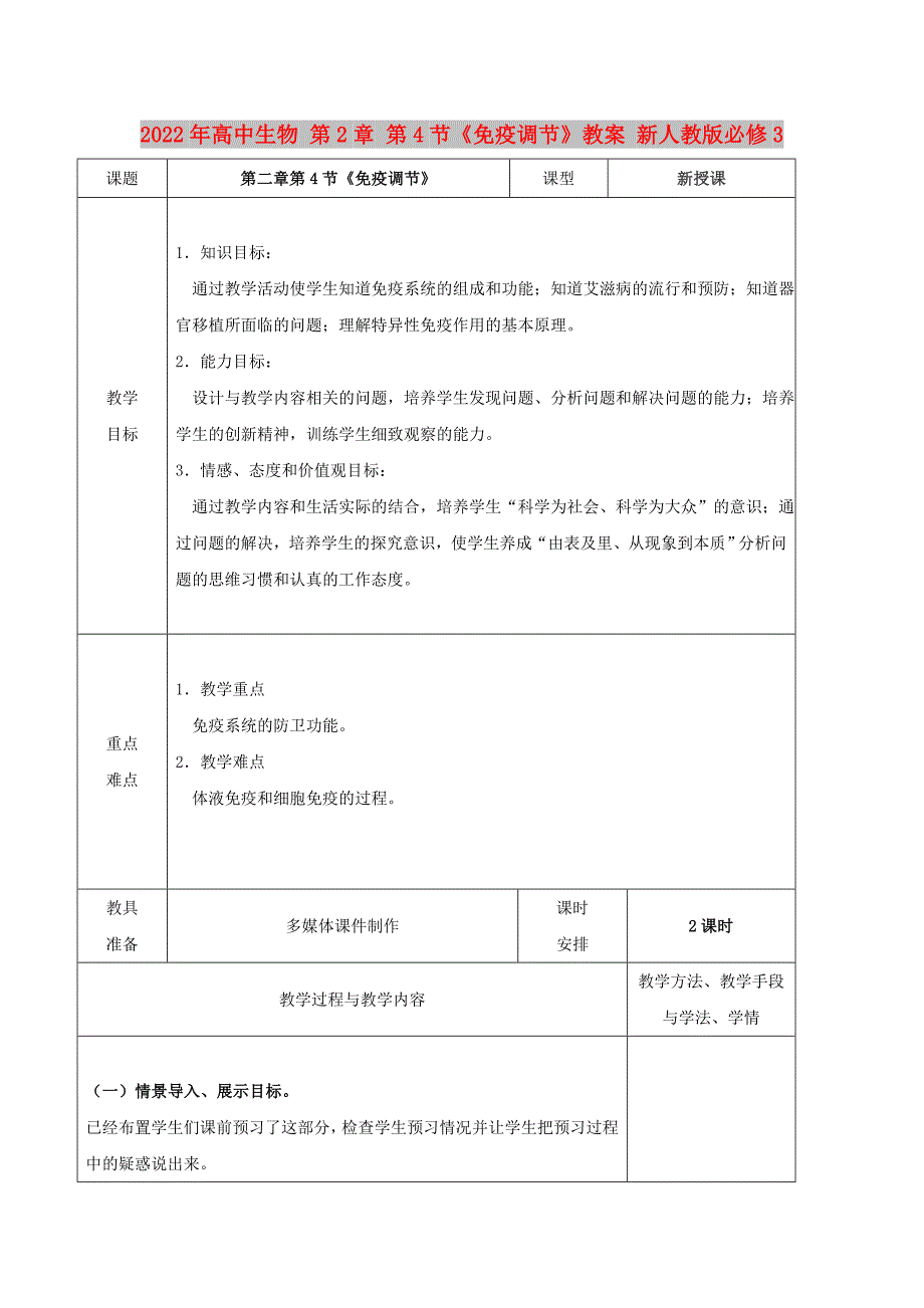 2022年高中生物 第2章 第4节《免疫调节》教案 新人教版必修3_第1页