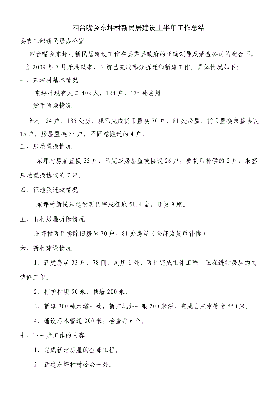 四台嘴乡东坪村新民居建设上半年工作总结_第1页