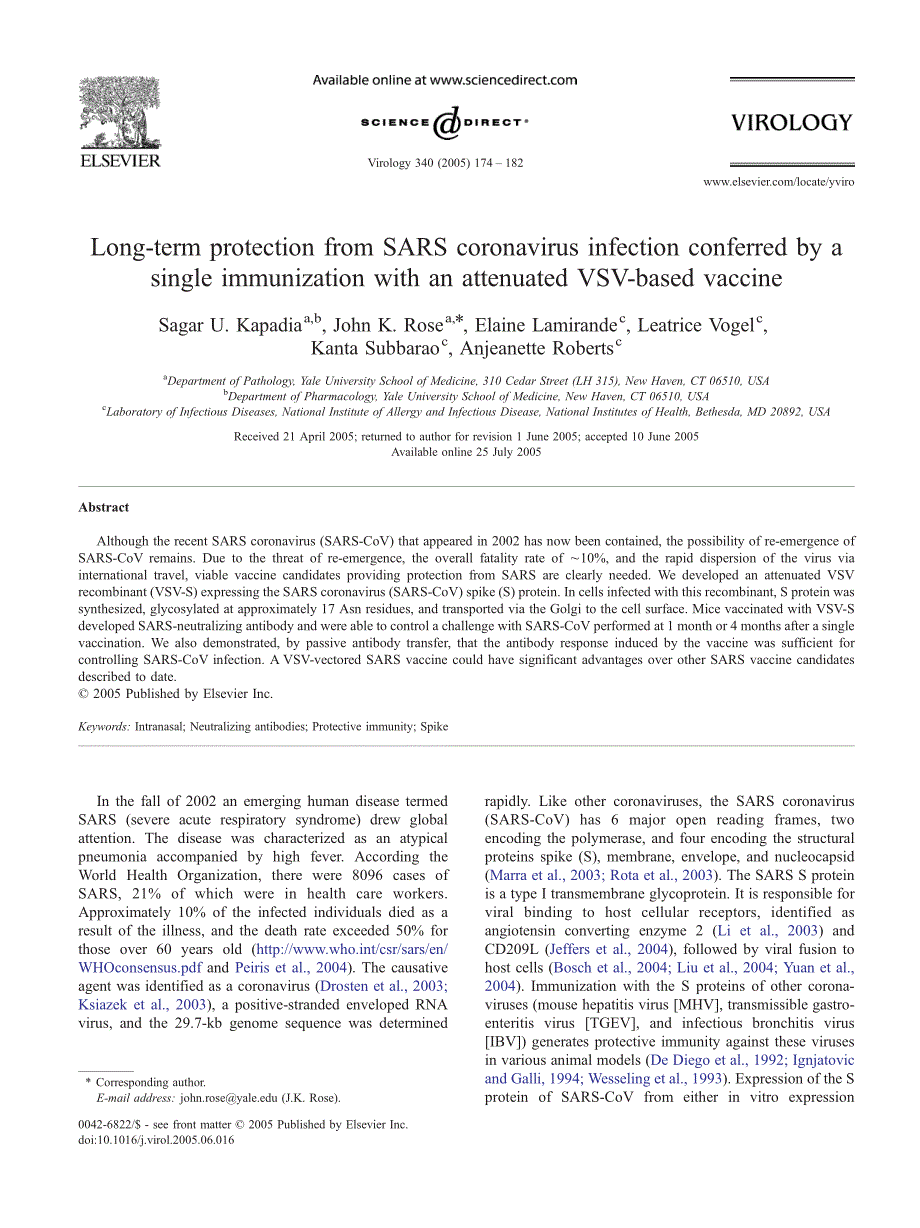 【病毒外文文献】2005 Long-term protection from SARS coronavirus infection conferred by a single immunization with an attenuated VSV-base_第1页