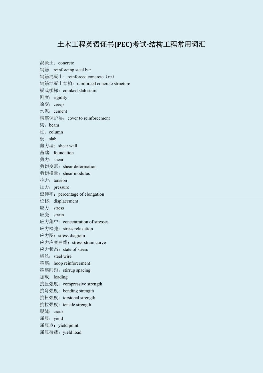 土木工程英语证书(PEC)考试-结构工程常用.doc_第1页