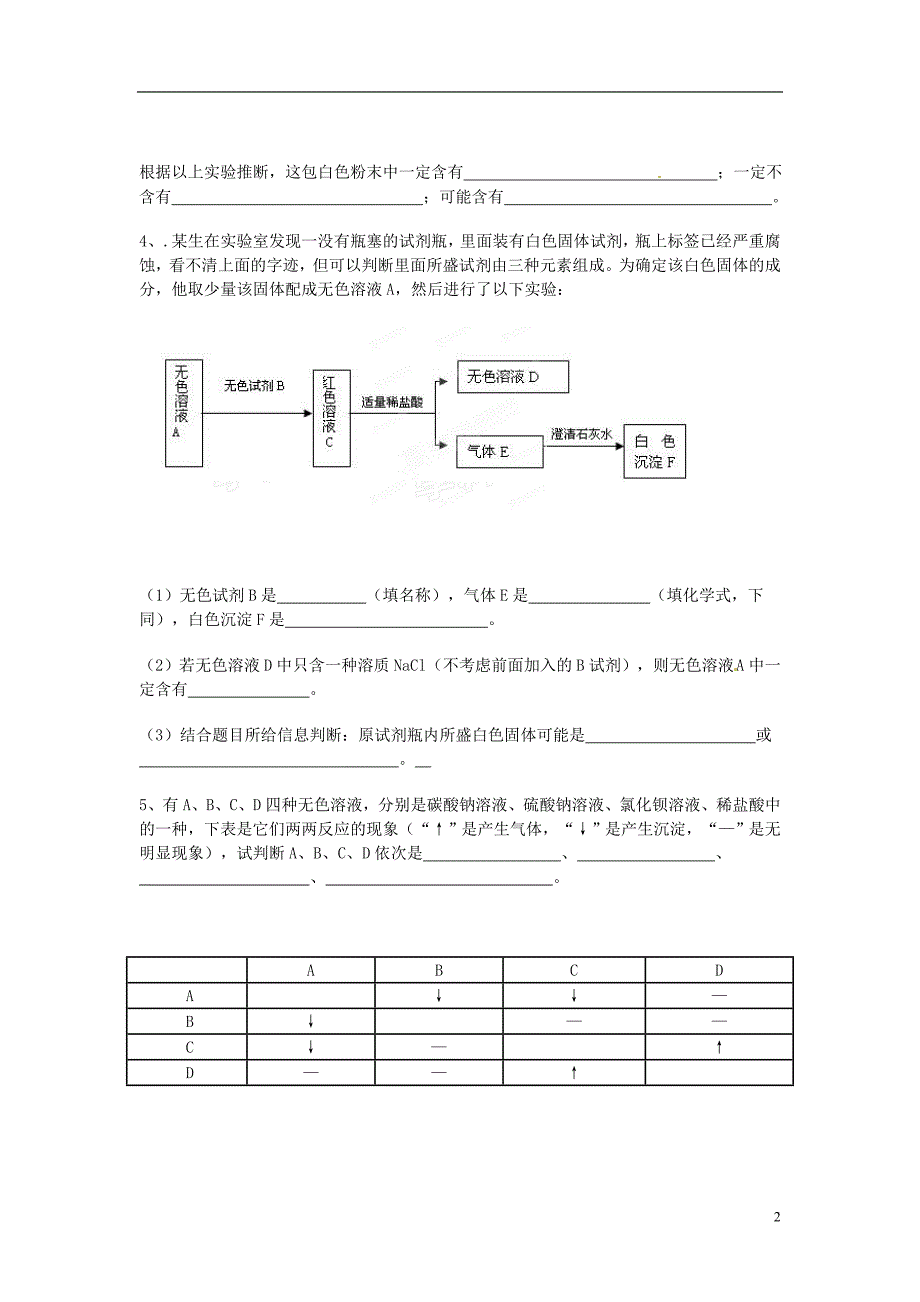 云南省水富县第二中学九年级化学 推断题练习 新人教版_第2页