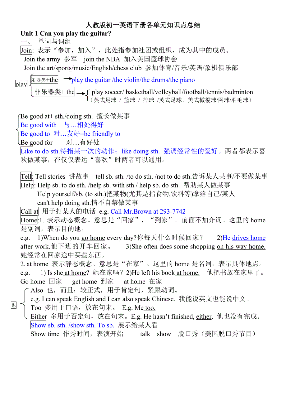 2012最新人教版初一英语下册各单元知识点总结_第1页