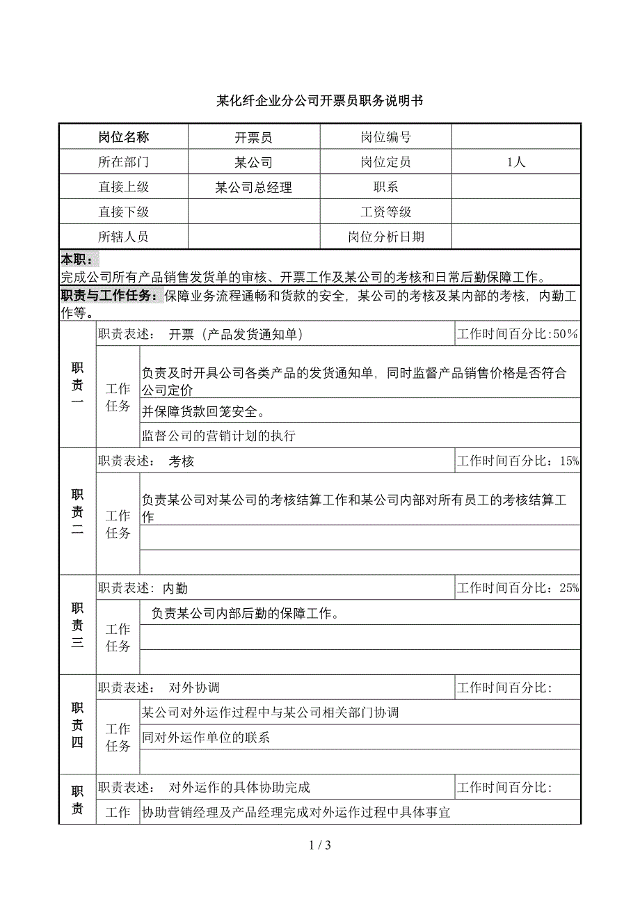 某化纤企业分公司开票员职务说明_第1页