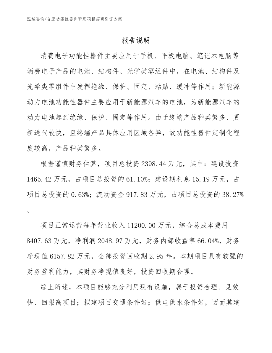 合肥功能性器件研发项目招商引资方案模板参考_第1页