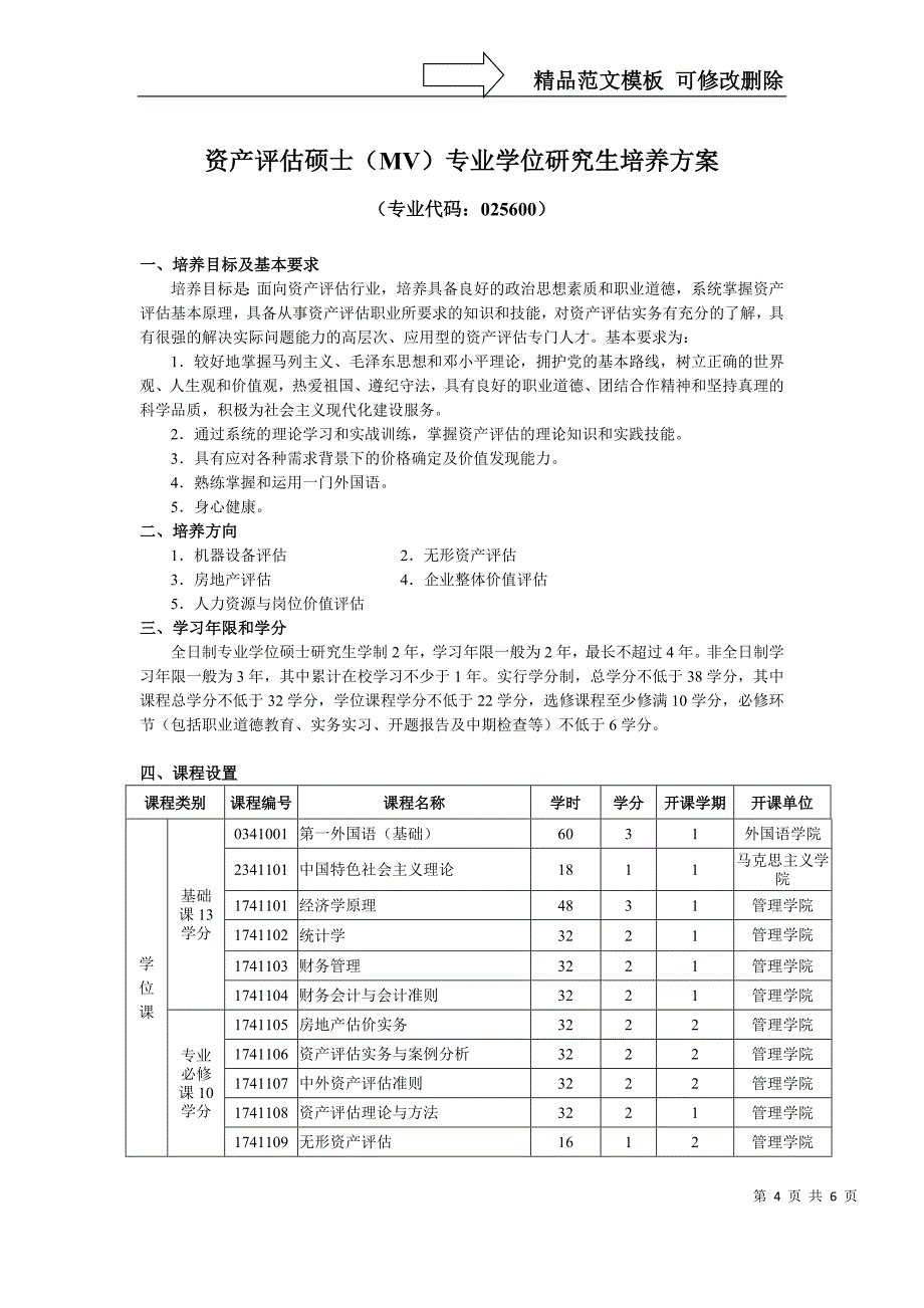 资产评估硕士(MV)专业学位研究生培养方案_第4页