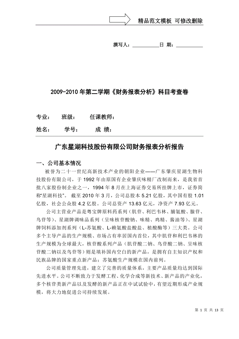 星湖公司财务报表分析_第1页