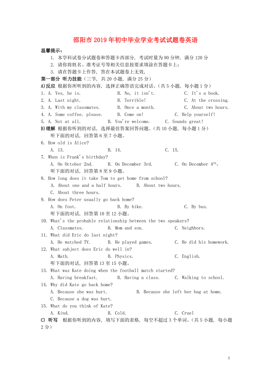 湖南省邵阳市2019年中考英语真题试题_第1页