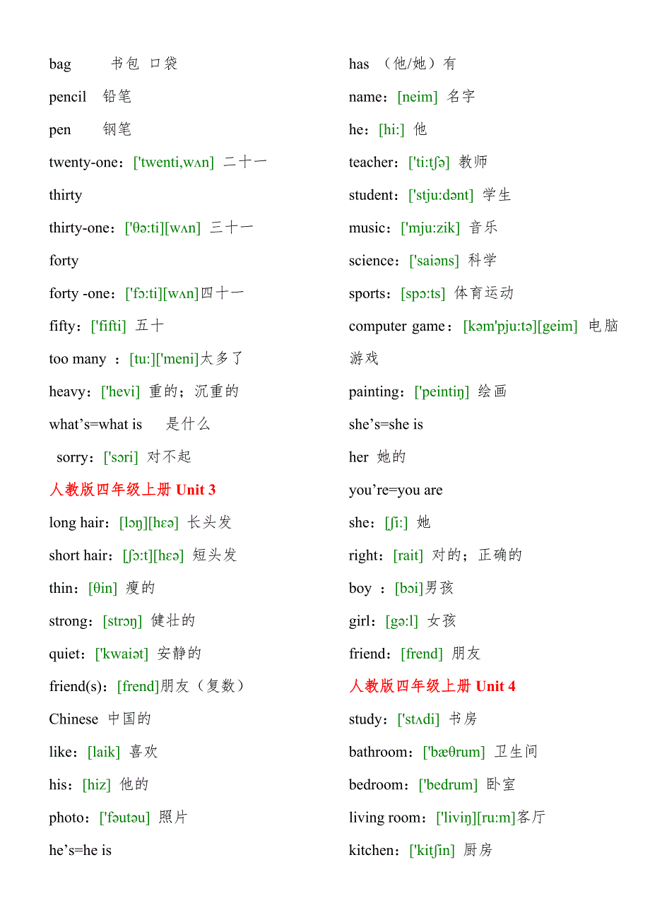 人教版英语四年级上册单词_第2页