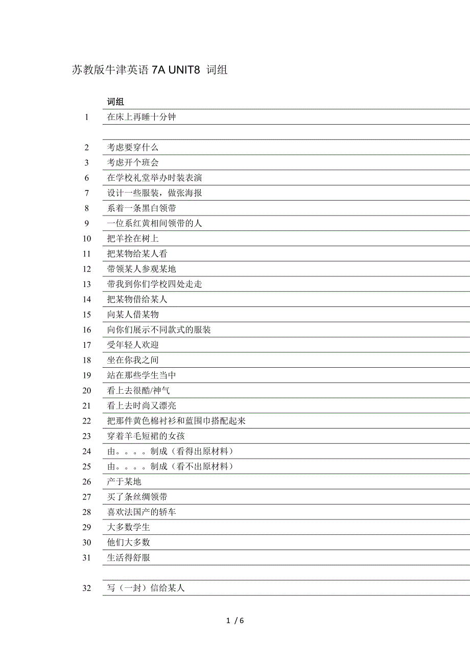 苏教版牛津英语7AUNIT8词组_第1页