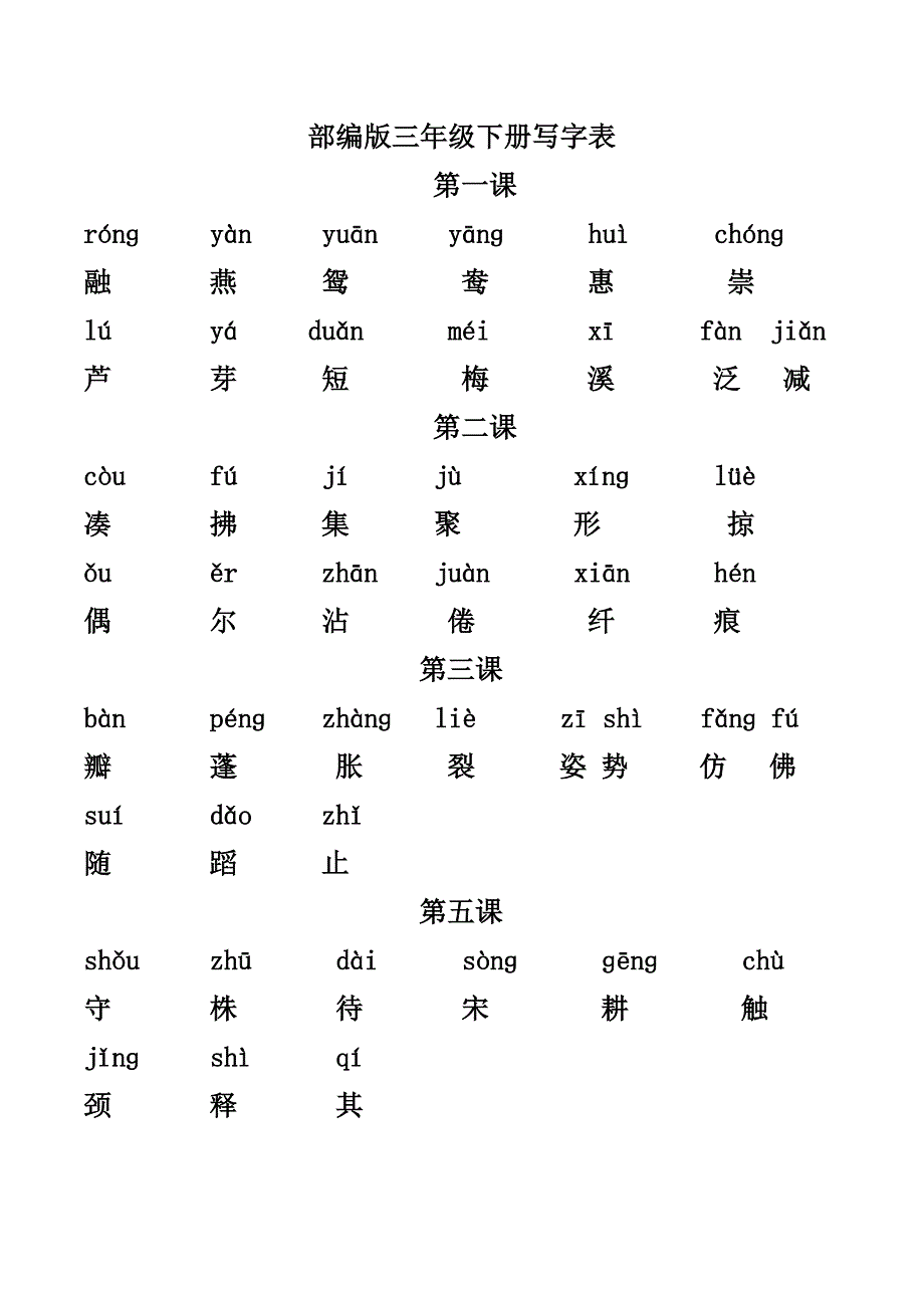 最新部编版三年级下册写字表(拼音版)_第1页