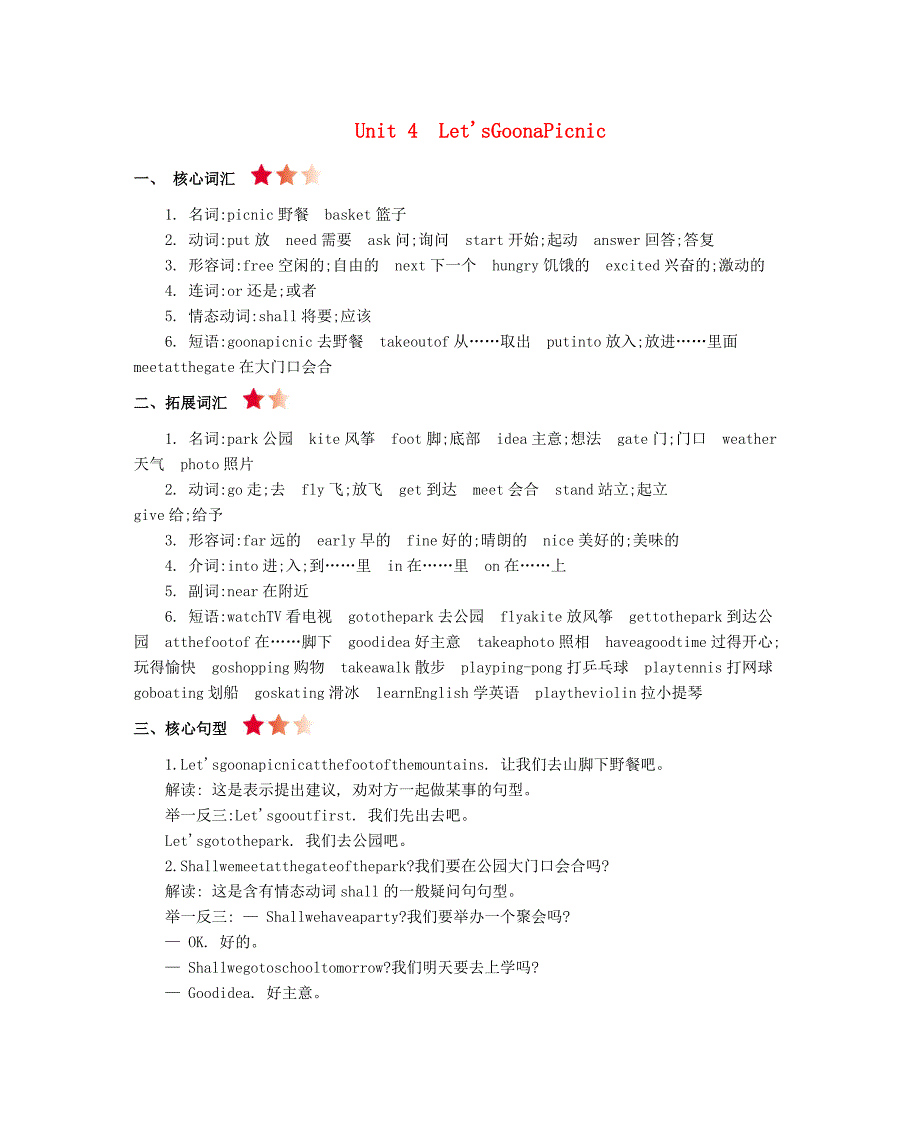 六年级英语上册Unit4Let’sgoonapicnic知识清单素材陕旅版三起_第1页