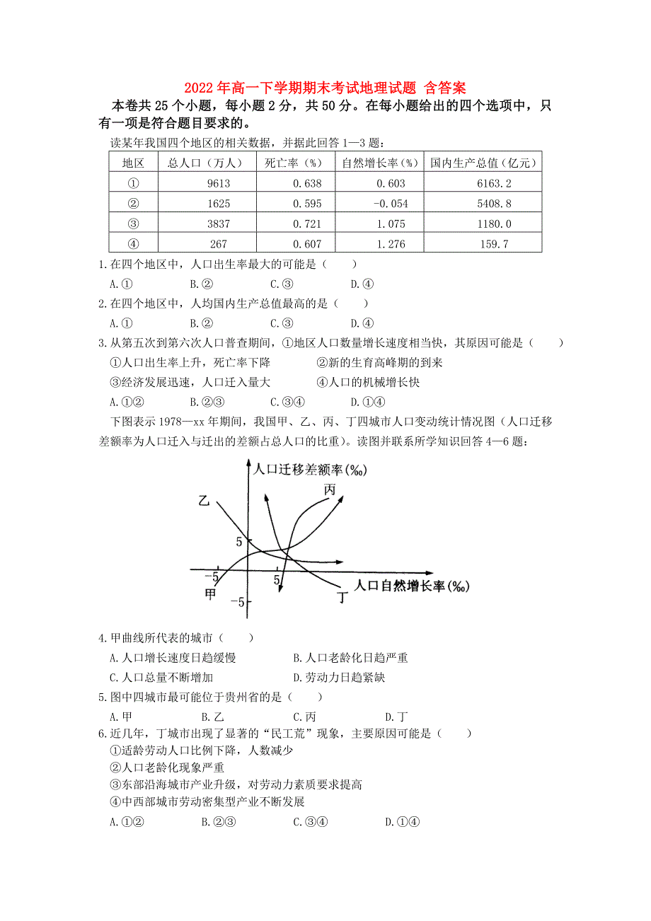 2022年高一下学期期末考试地理试题 含答案_第1页