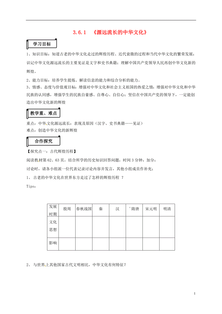 辽宁省普兰店市第一中学高中政治 3.6.1《源远流长的中华文化》导学案 新人教版必修3_第1页