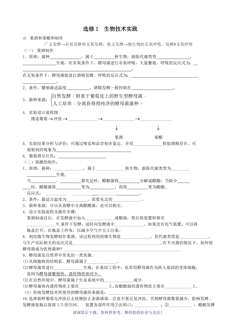 高中生物选修1-生物技术实践知识点填空_第1页