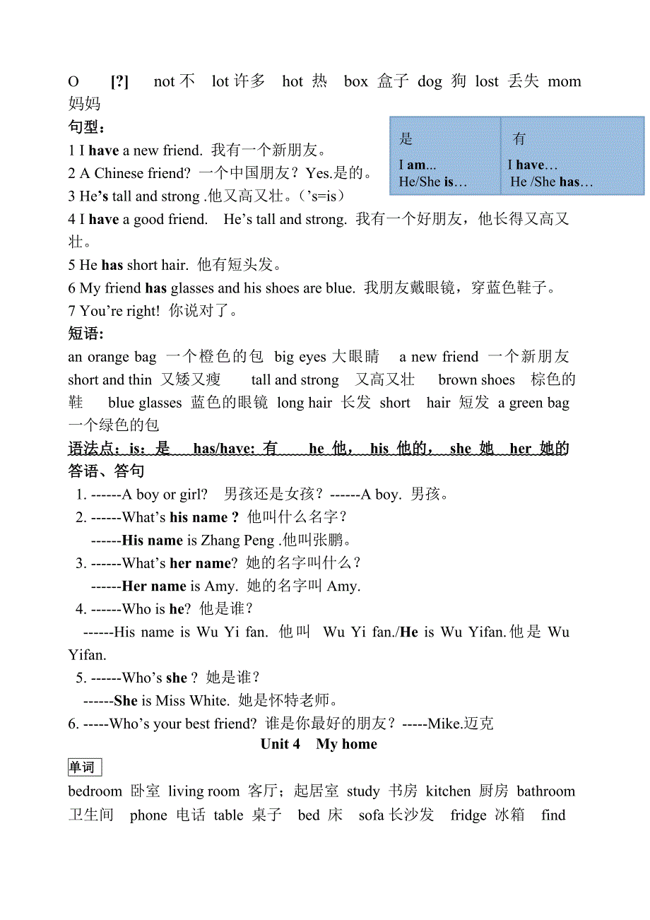 pep小学四年级英语上册各单元知识点归纳_第4页