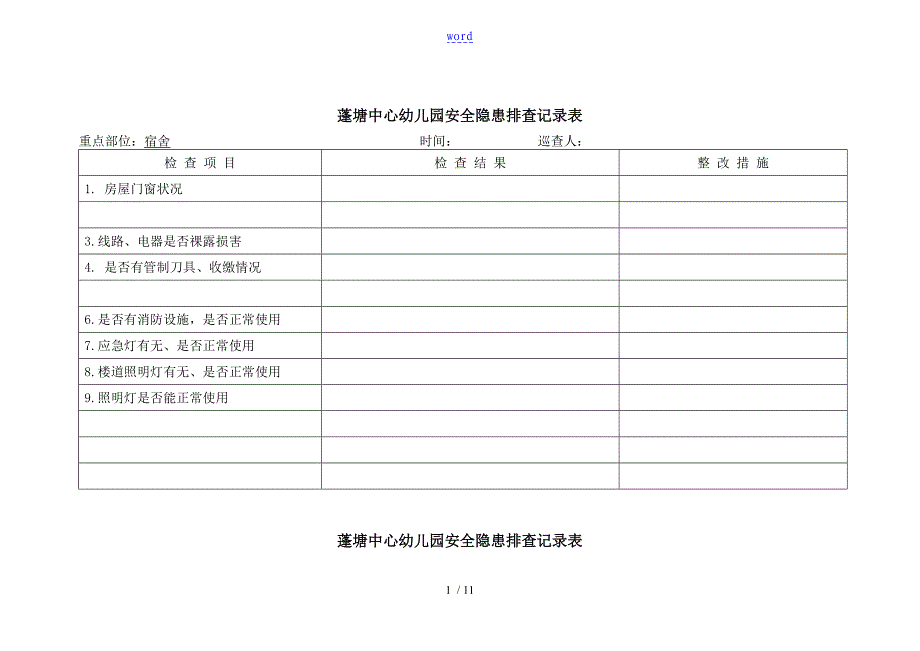 蓬塘中心幼儿园教育安全系统隐患排查记录簿表_第1页