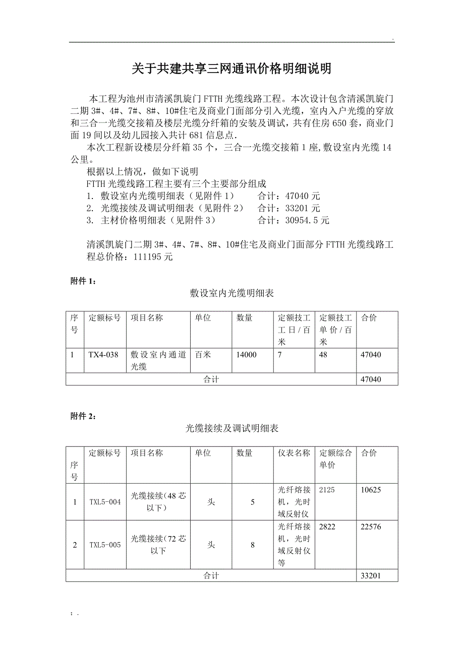 关于共建共享三网通讯价格明细说明_第1页