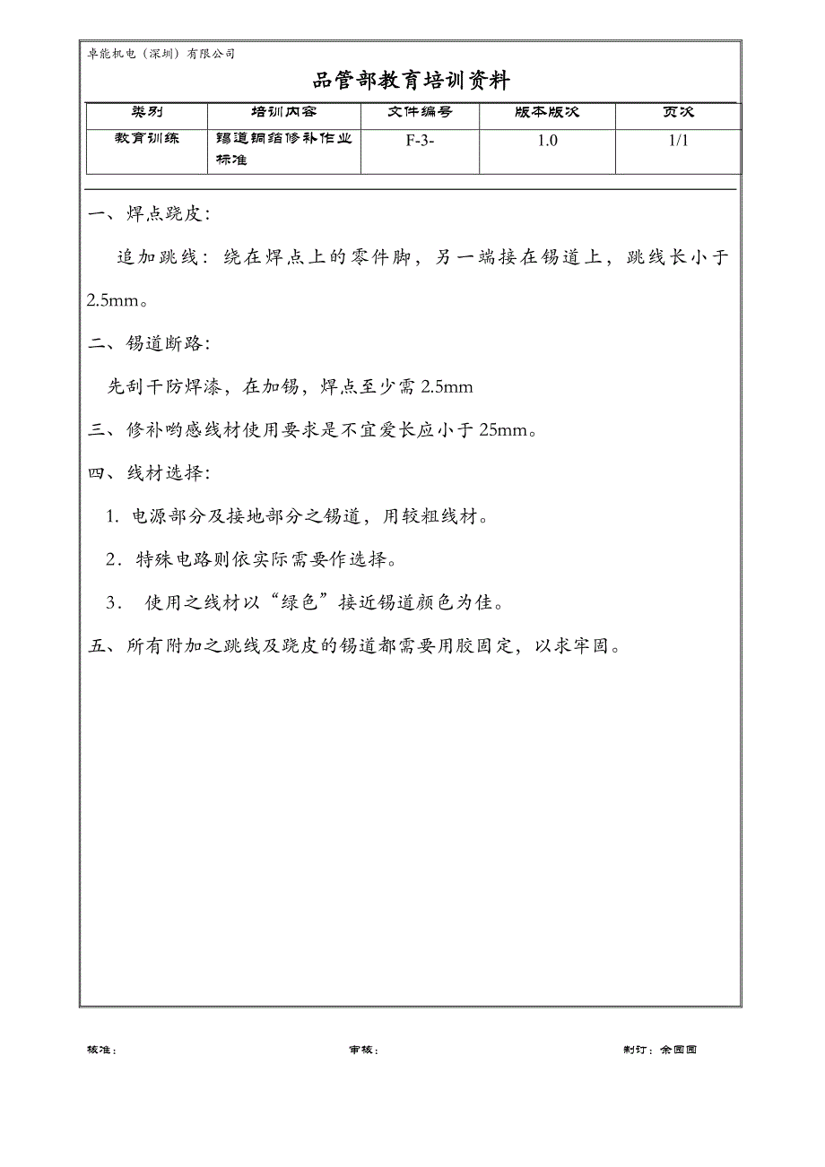 00204品管部教育培训资料：锡道铜箔修补作业标准_第1页