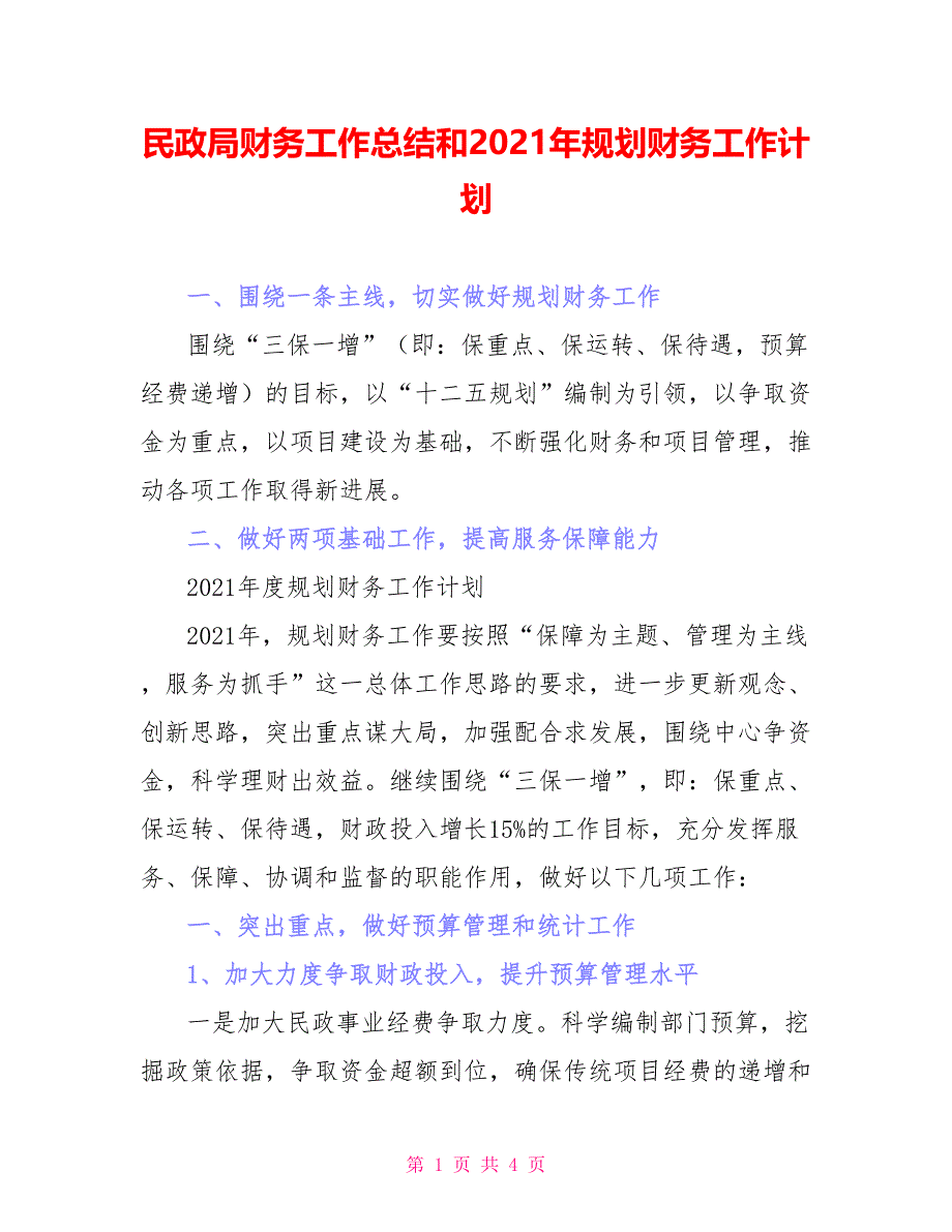 民政局财务工作总结和2021年规划财务工作计划_第1页