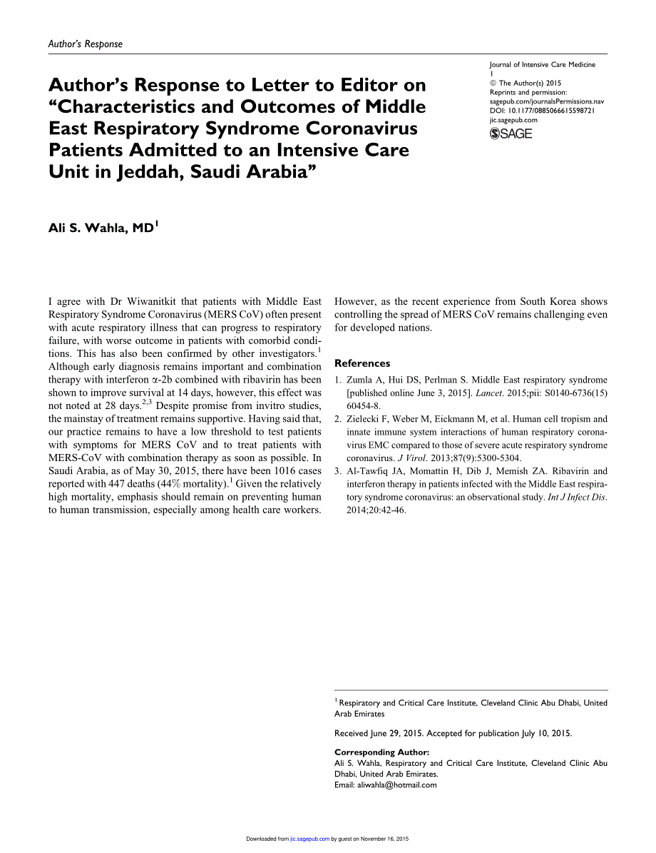 【病毒外文文献】2015 Author_s Response to Letter to Editor on _Characteristics and Outcomes of Middle East Respiratory Syndrome Coronavi_第1页