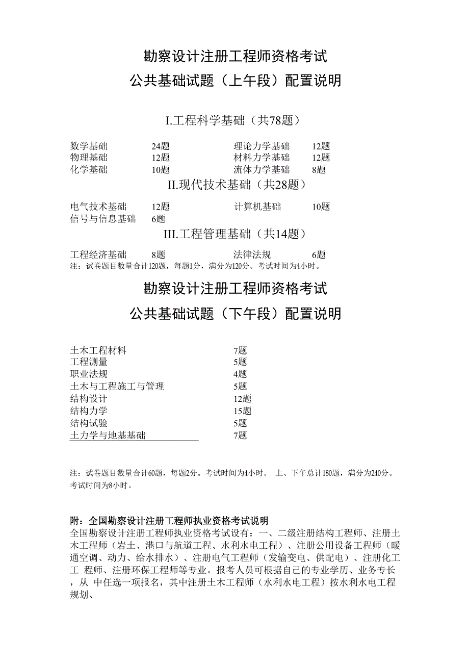 勘察设计注册工程师资格考试公共基础试题配置说明题型分布_第1页