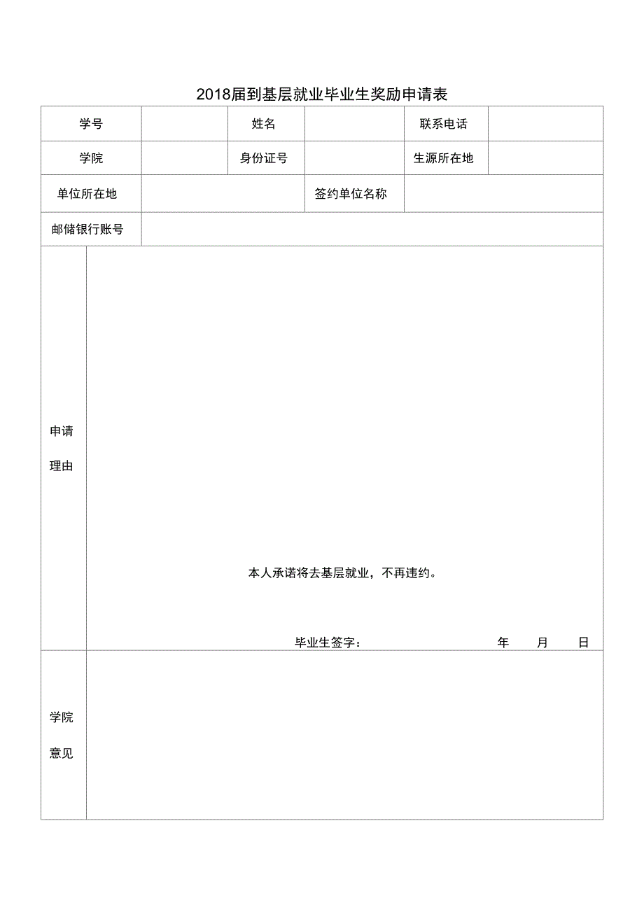 2018届到基层就业毕业生奖励申请表_第1页