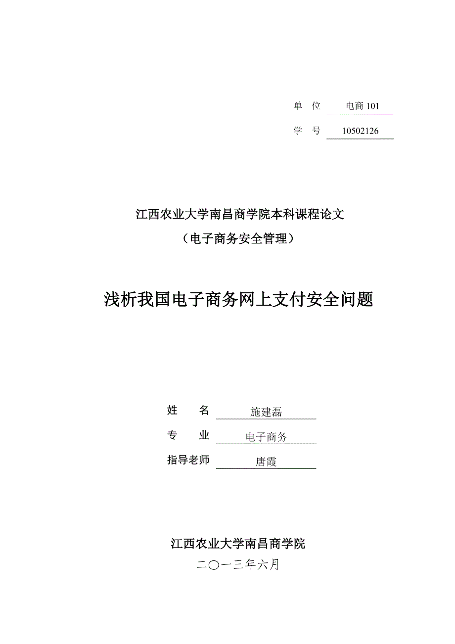 我国电子商务网上支付安全研究论文剖析_第1页