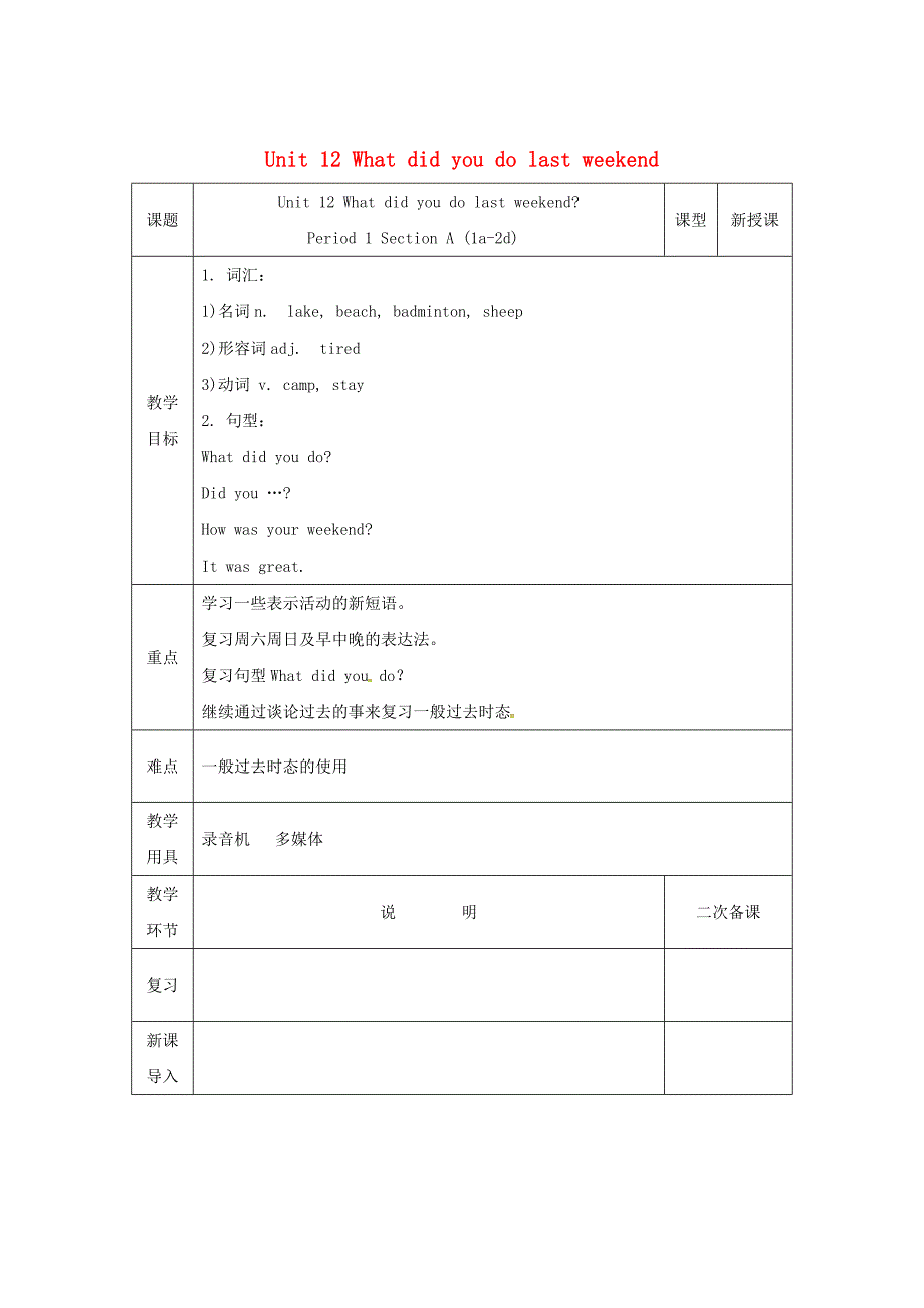 七年级英语下册Unit12Whatdidyoudolastweekend第1课时SectionA1a2d教案人教新目标版_第1页