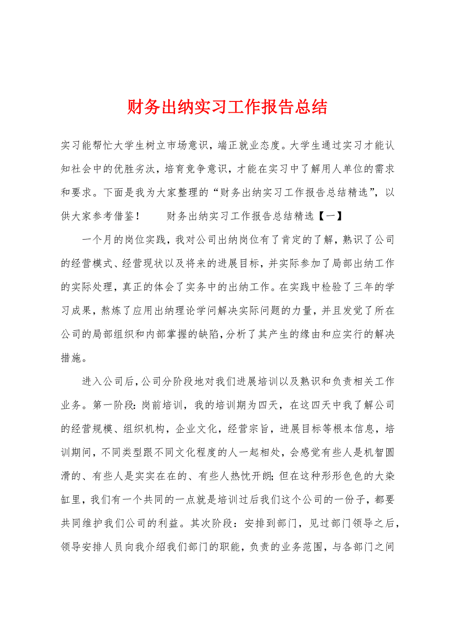 财务出纳实习工作报告总结.docx_第1页