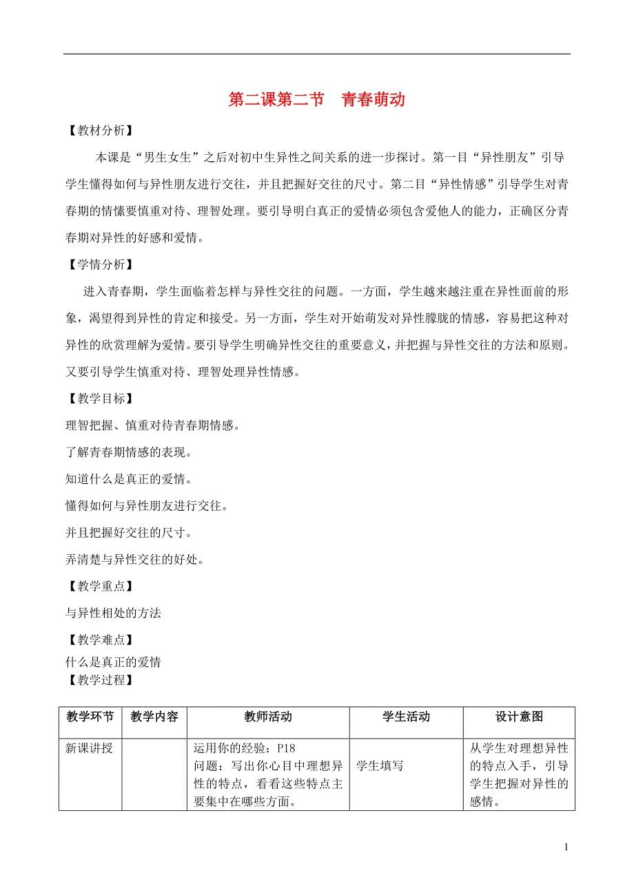 七年级道德与法治下册 第一单元 青春时光 第二课 青春的心弦 第2框 青春萌动教学设计[新人教版]_第1页