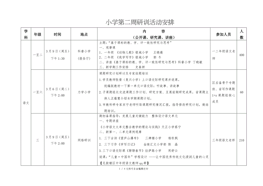 小学第二周研训活动安排_第1页