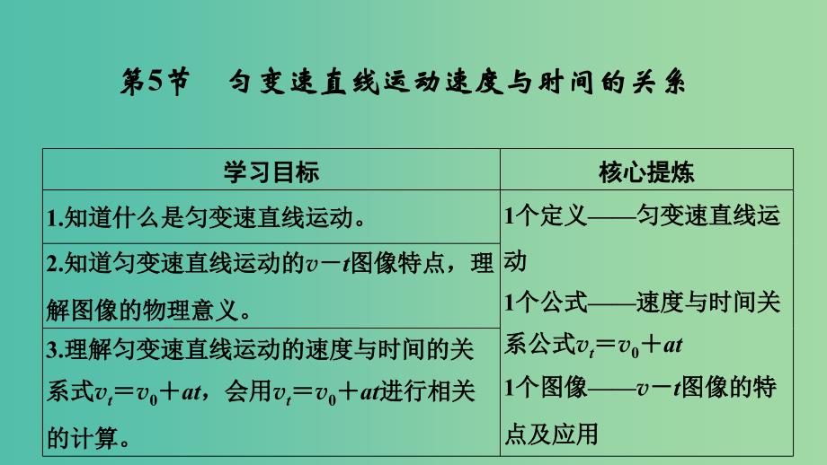 2018-2019学年高中物理 第一章 运动的描述 第5节 匀变速直线运动速度与时间的关系课件 教科版必修1.ppt_第1页