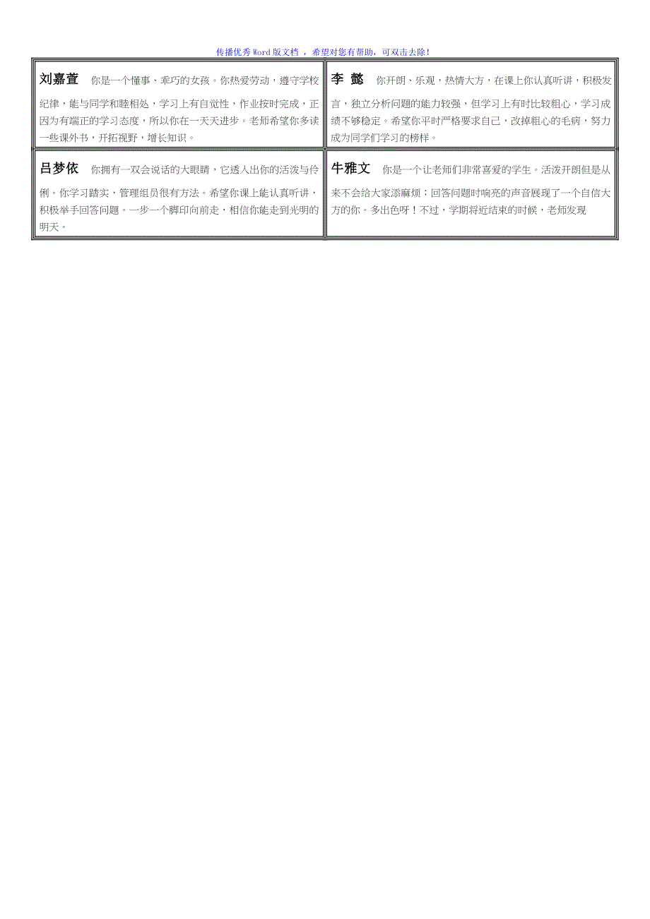 三年级下学期素质报告册评语Word编辑_第4页