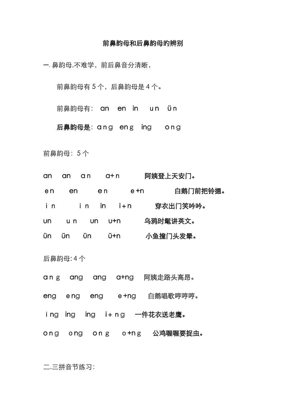前后鼻韵母的区分和练习题_第1页