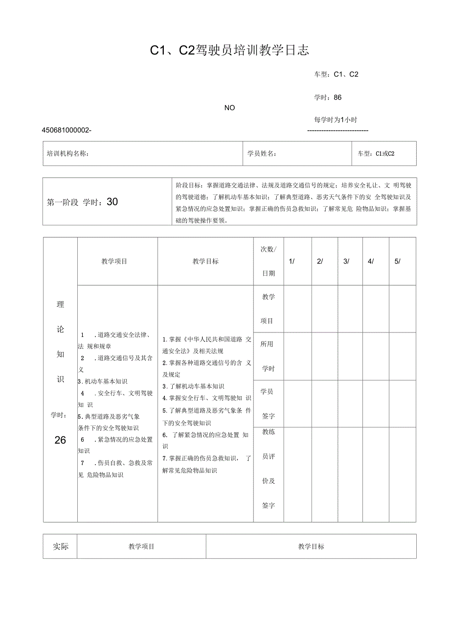 C1C2驾驶员培训教学日志模板_第1页