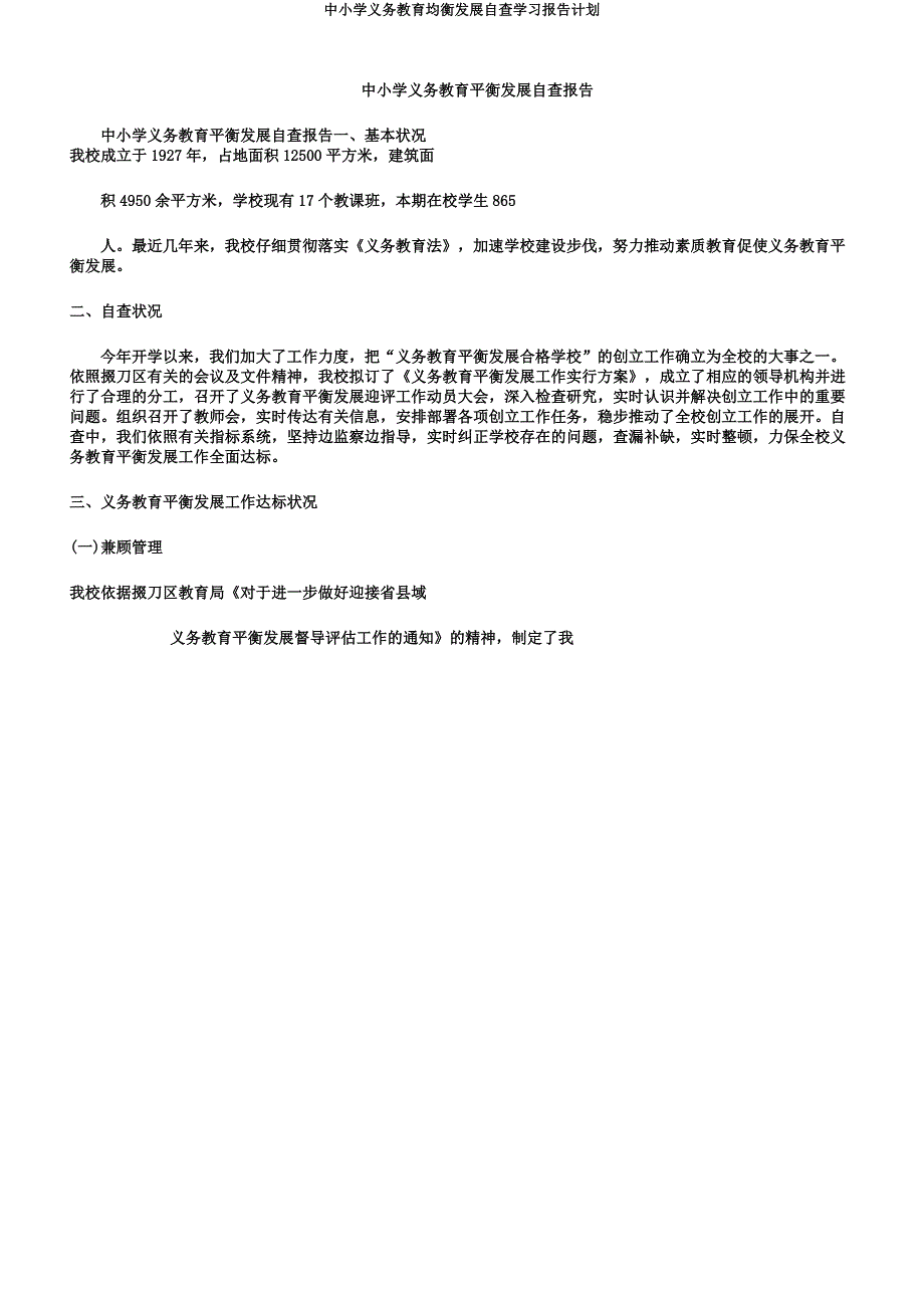 中小学义务教育均衡发展自查学习报告计划.docx_第1页