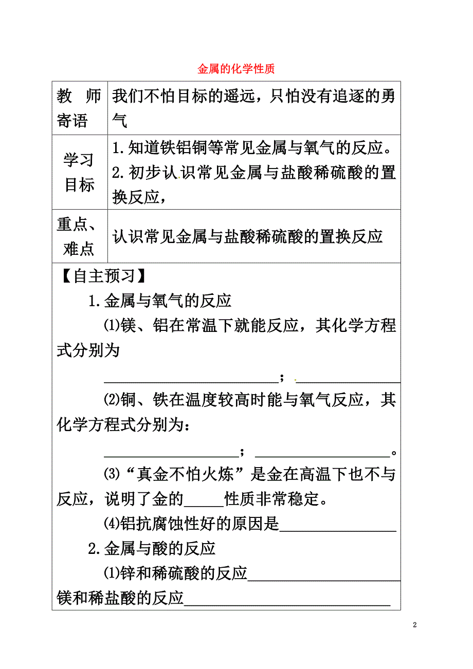 山东省东营市广饶县九年级化学下册8.2金属的化学性质8.2.1金属的化学性质导学案（原版）（新版）新人教版_第2页