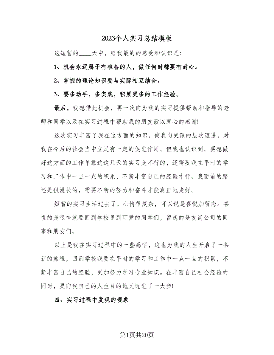 2023个人实习总结模板（九篇）_第1页