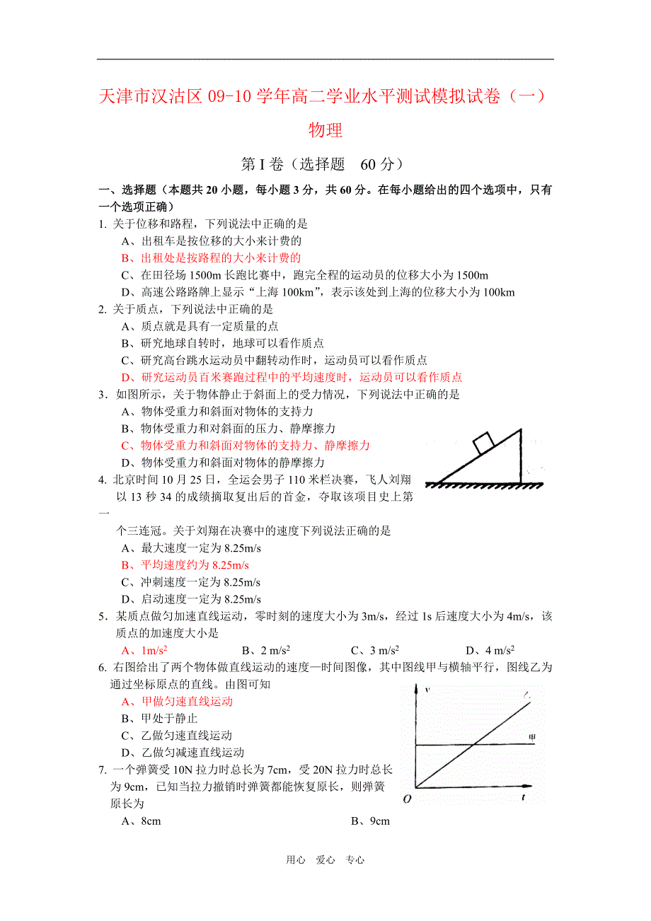 天津市汉沽区0910高二物理学业水平测试模拟试卷一新人教版_第1页